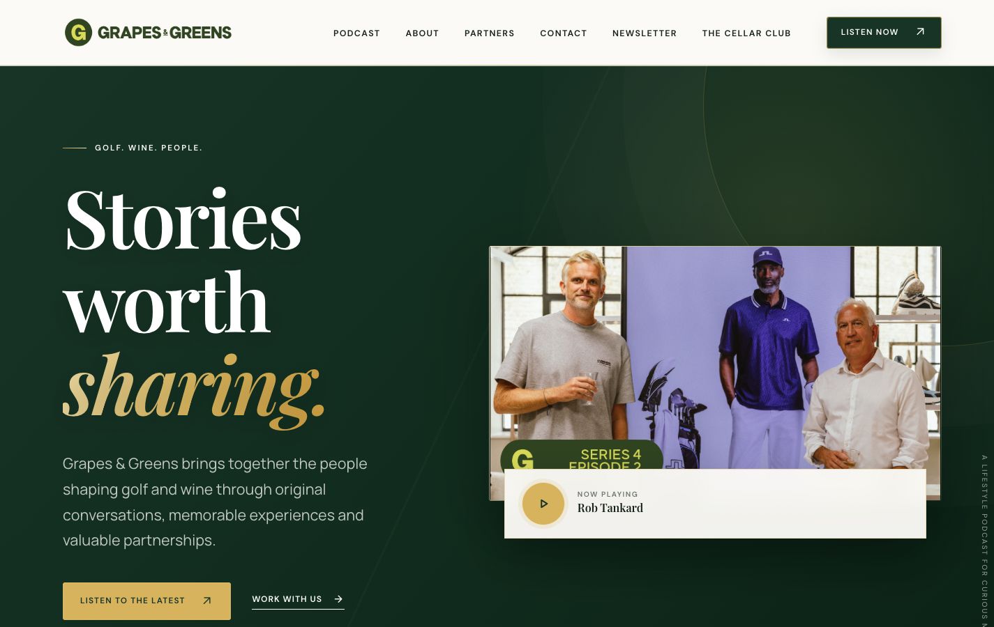 Grapes&Greens homepage with its podcast introduction and featured episode.