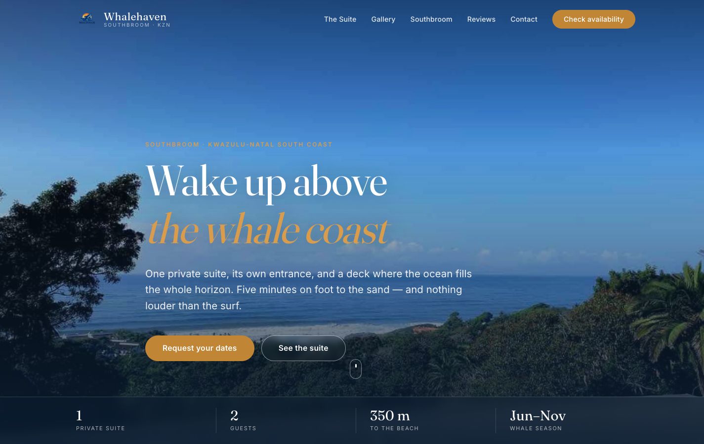 Whalehaven homepage with the sea view, guest-suite introduction and date enquiry link.