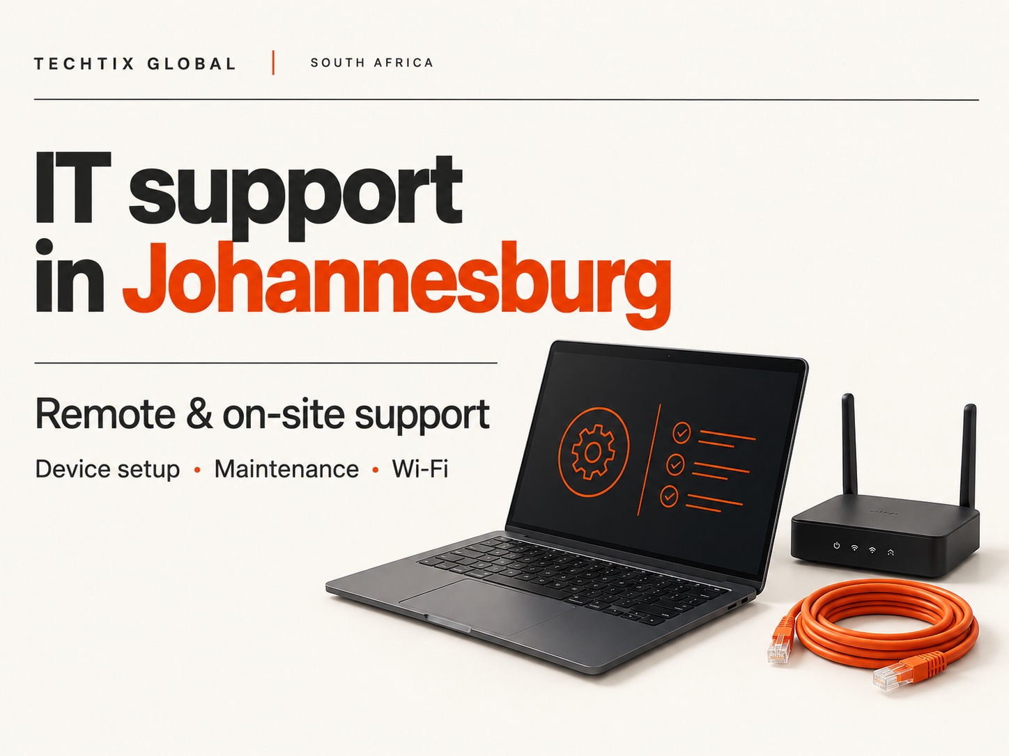 Techtix Global illustration promoting remote and on-site IT support in Johannesburg, with a laptop, router and network cable.